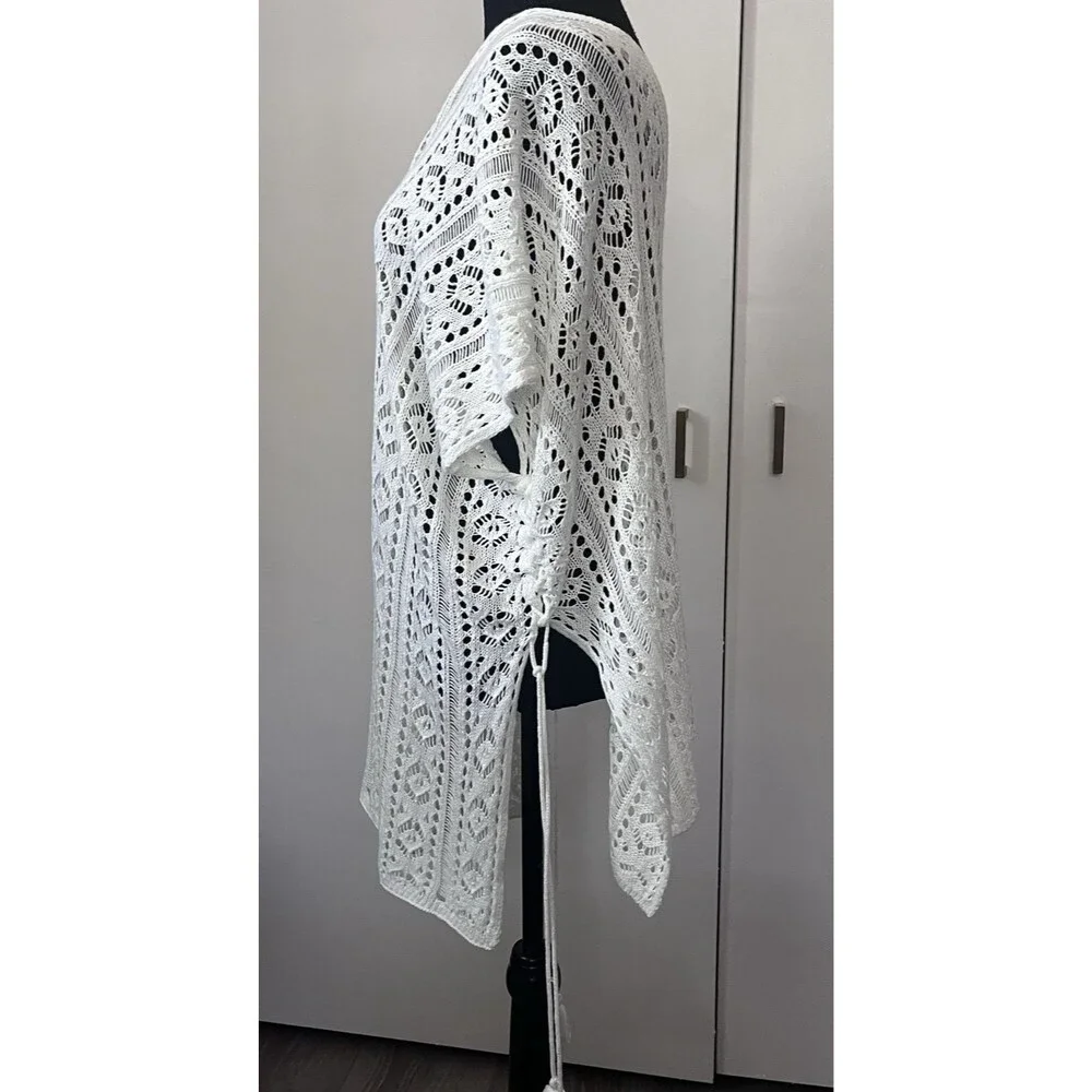 Women Open Knit Crochet Lace up Sides Boho Festival Hippie Swim Cover‎ Up Cream